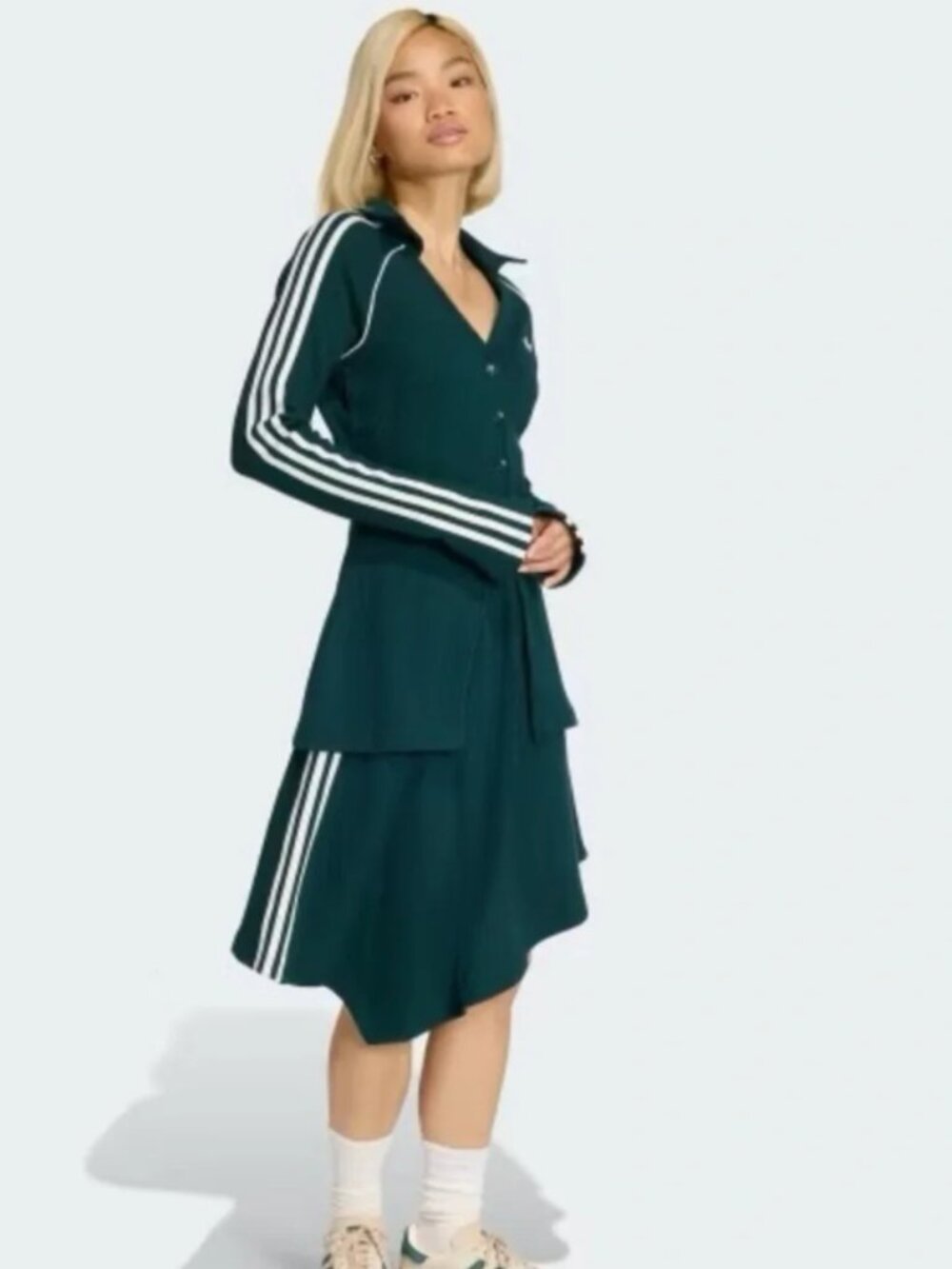 adidas Originals NWT L Aurora Ivy Green KS7781 Waffle Knit Asymmetric Stripe - Picture 3 of 7